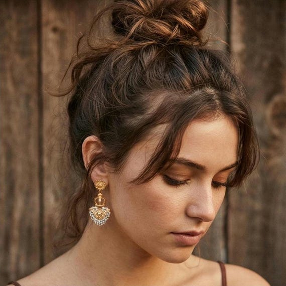 Cherub Heart Dangle Earrings – Matte Gold Tone, Ice Crystal Glamour, Vintage Earrings