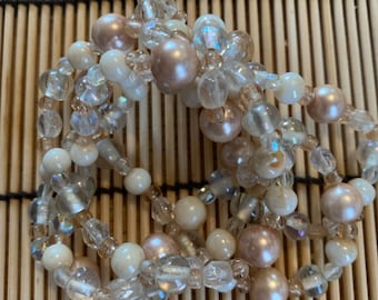 Fancy Art Glass and Beige Pearl Multi Strand Hair Elastic, hair jewelry, hair tie, can wear as a bracelet too!