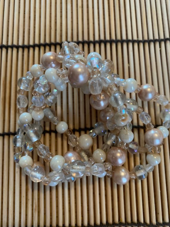 Fancy Art Glass and Beige Pearl Multi Strand Hair Elastic, hair jewelry, hair tie, can wear as a bracelet too!