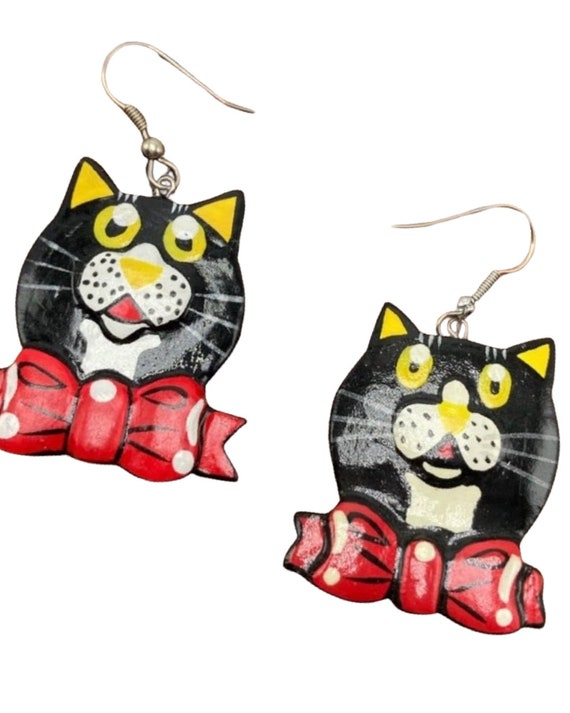 Vintage Novelty Cat Earrings, Artisan Hand Painted Wood Kitty Dangles, Kitsch Funny Feline Jewelry!