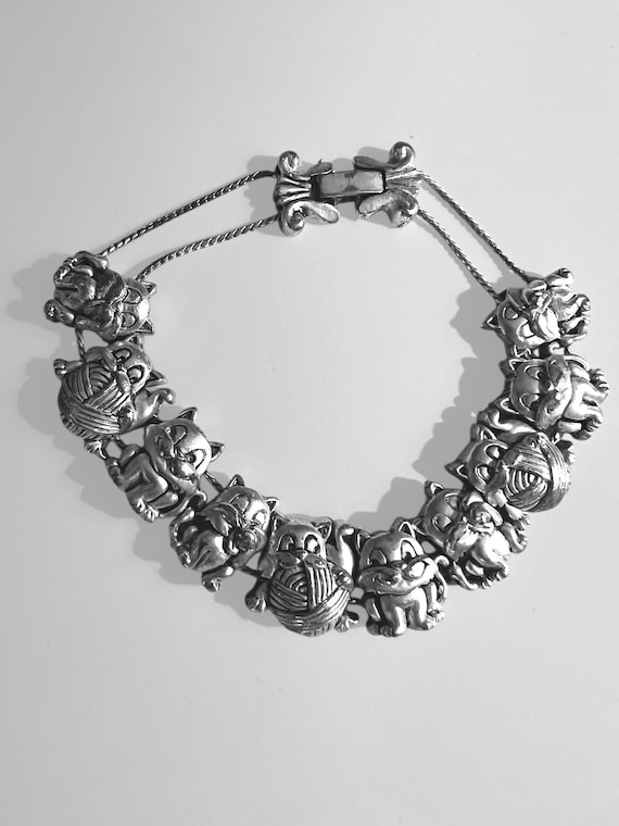 Vintage Matte Silver Tone Cat Charm Bracelet, 90s Style