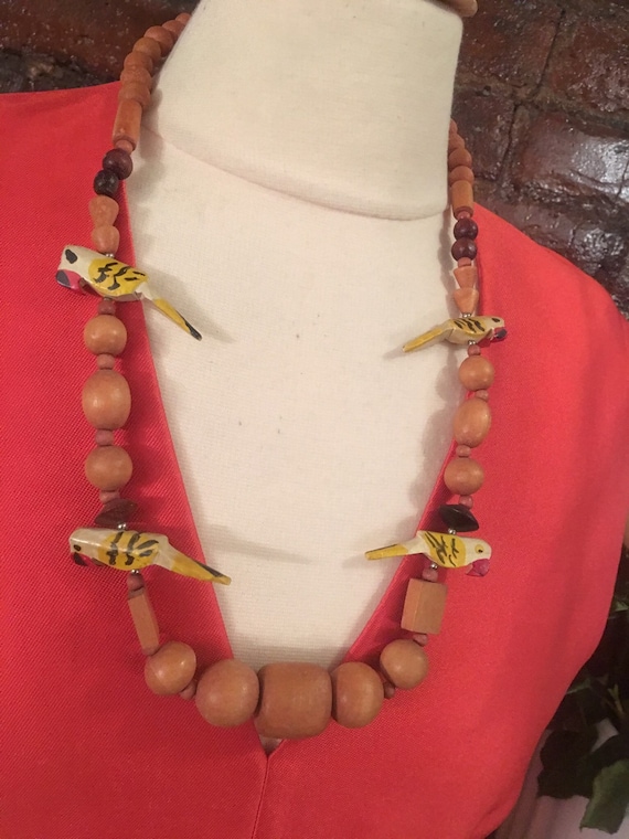 Mid Century Wooden Painted Parrot Beads