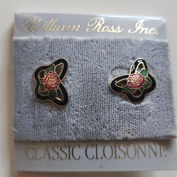 Vintage Cloisonné Stud Earrings, Floral Enamel Goldtone Jewelry