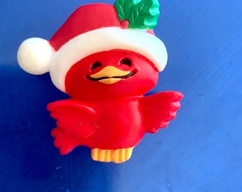 Vintage 1982 Hallmark Christmas Pin: Red Bird in Santa Hat