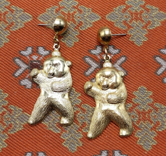 Dancing Bear Dangles, Pressed Gold Tone Vintage Earrings, Cheerful Fun Critters