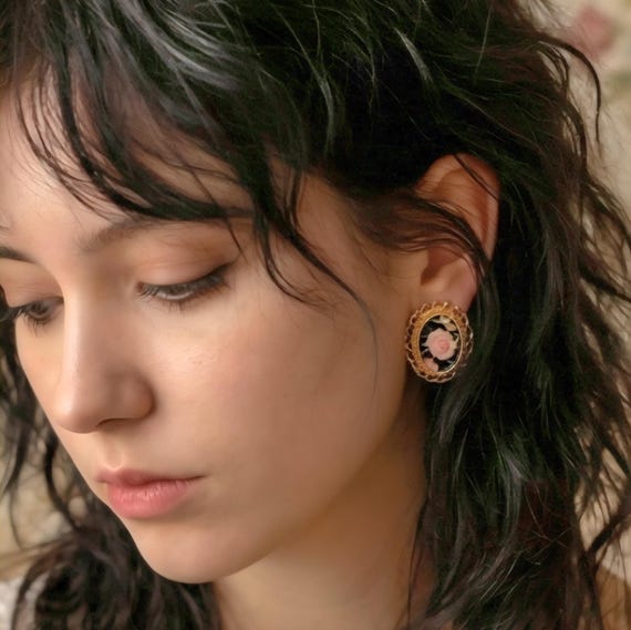 Cottage Core Romantic Revival Porcelain Rose Clip On Earrings, Black Enamel Gold Tone
