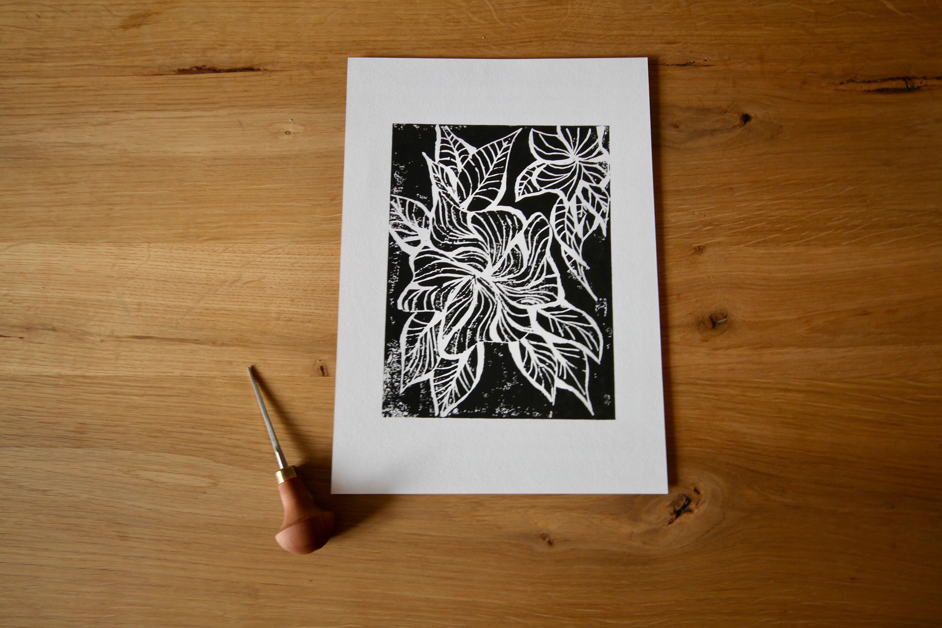 Les Fleurs de Mon Coeur - Imprimé Lino Fait Main Disponible en Noir ou Or Non Encadré