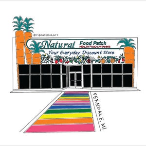 May include: Illustration of a health food store called "Natural Food Patch." The store has a rainbow-colored walkway leading to the entrance. Large orange carrots with green tops are on the building's facade. The text "Your Everyday Discount Store" is visible.