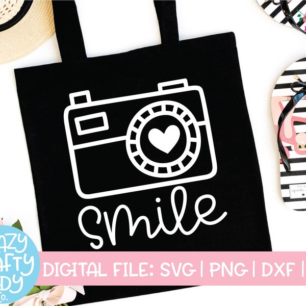 Smile SVG, Photography Cut File, Cute Camera Design, Photographer Saying, Photo Booth Quote, Wood Sign, dxf eps png, Silhouette or Cricut