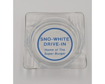 Very Rare Sno-White Drive-In Blue & White Glass Ashtray, Mid-century