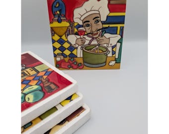 Vintage Italian Chef Ceramic Raised Glaze Wall Tiles /Trivets w/Stand Set of 4