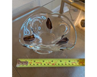 Vintage MCM Art glazen duimafdrukkom dik helder met diepe amethist insluitsels 7"