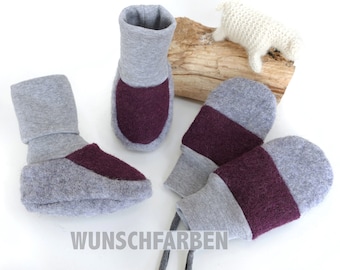 Baby shoes and mittens lined with wool walk in shades of gray + color with cuffs in 2 sizes