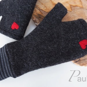 Merino wool fingerless gloves with heart appliqué for adults