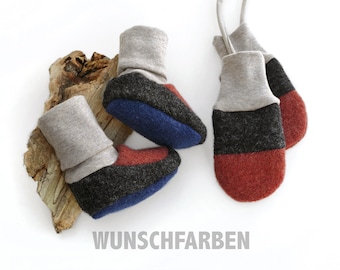 Babyschuhe und Fäustlinge gefüttert aus Wollwalk in verschiedenen Farben mit Bündchen in 2 Grössen