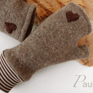 100% wool fingerless gloves / boiled wool arm warmers for adults / heart appliqué / taupe chocolate
