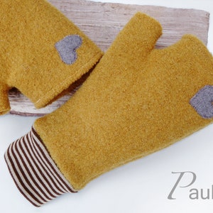 100% wool fingerless gloves / boiled wool arm warmers for adults / heart appliqué / honey sand