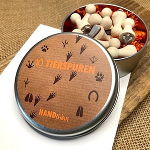 Stempel Set 10 Tierspuren in Geschenkdose, Spuren von Tieren, Geschenk für Naturliebhaber, Natur Geschenk für Schultüte, Geburtstag