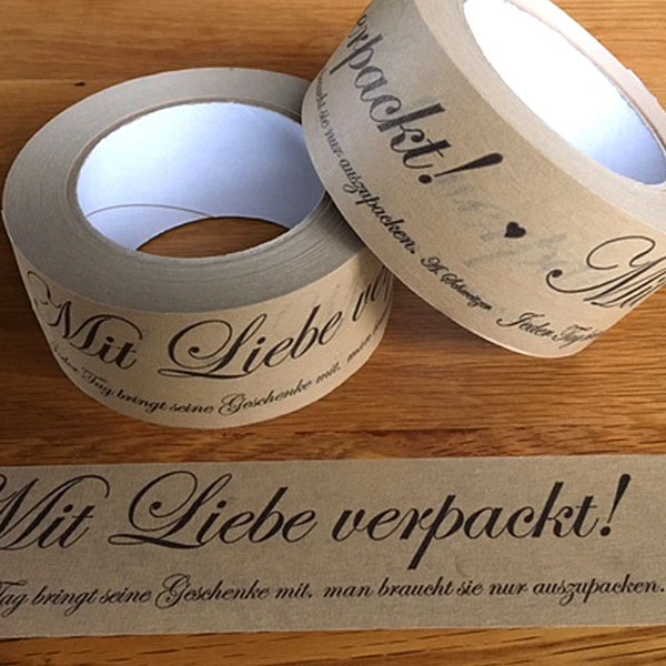 Papierklebeband MIT LIEBE VERPACKT! bedrucktes Klebeband mit Botschaft und Zitat, nachhaltige Verpackung für Geschenke und Pakete