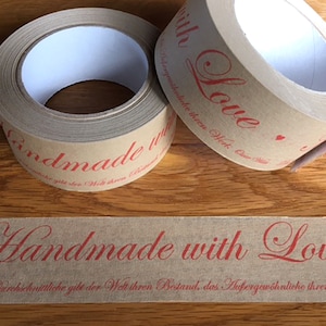 Papierklebeband HANDMADE WITH LOVE, bedrucktes Klebeband mit Botschaft und Zitat, nachhaltige Verpackung für Geschenke und Pakete