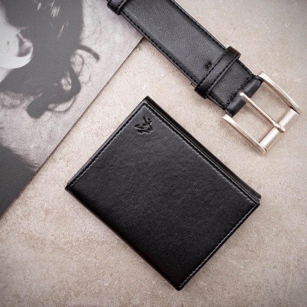 Portefeuille Trifold végétalien de luxe en noir, portefeuille pliant RFID Tri avec doublure recyclée, cadeau d’anniversaire de Noël personnalisé pour lui