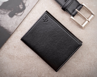 Luxury Vegan Trifold Wallet in Black, RFID Tri Folding Wallet with Recycled Lining, Personalised Birthday Christmas Anniversary Gift for Him