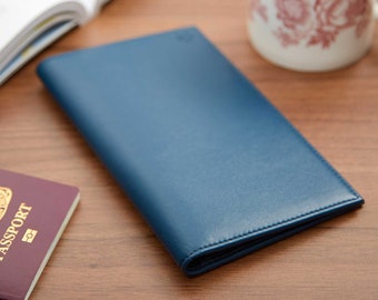 Travel Passport Document Wallet in Navy Blue, Personalised Travel Organiser, Travel Document Holder with RFID, Travel Gift, Vegan Friendly.