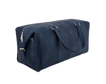 Cork Weekend Bag in Blue, Overnight Holdall Duffle Bag Handmade in Vegan Cork Leather - Ethical, Sustainable Weekender Bags - Watson & Wolfe