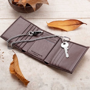 Cartera vegana de tres pliegues para hombre con cadena de cinturón, cartera vegana con cadena de seguridad plegable RFID hecha a mano, personalizada para cumpleaños, aniversario y Navidad