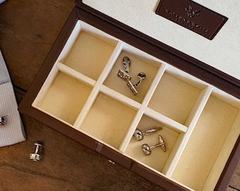 Men's Cufflink Accessory Box, handcrafted luxury jewellery box made with chestnut eco vegan Leather, exquisite gift for birthday anniversary