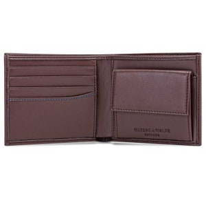 RFID blocking wallet with secure card pockets, coin purse and delicate Watson & Wolfe embossed branding on the inside.