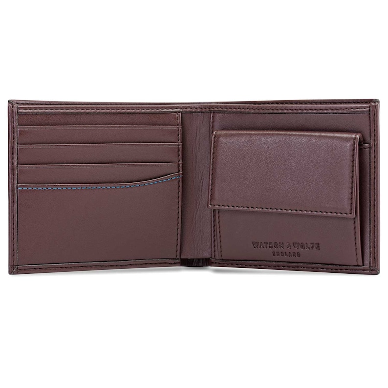 RFID blocking wallet with secure card pockets, coin purse and delicate Watson & Wolfe embossed branding on the inside.