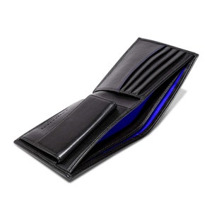 Carteira vegana feita à mão com bolso para moedas em preto e azul, carteira de couro vegana RFID personalizada para homens, aniversário, aniversário, natal