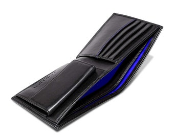 Monedero vegano hecho a mano con bolsillo para monedas en negro y azul, monedero de cuero vegano RFID personalizado para hombre, regalo de cumpleaños, aniversario y Navidad