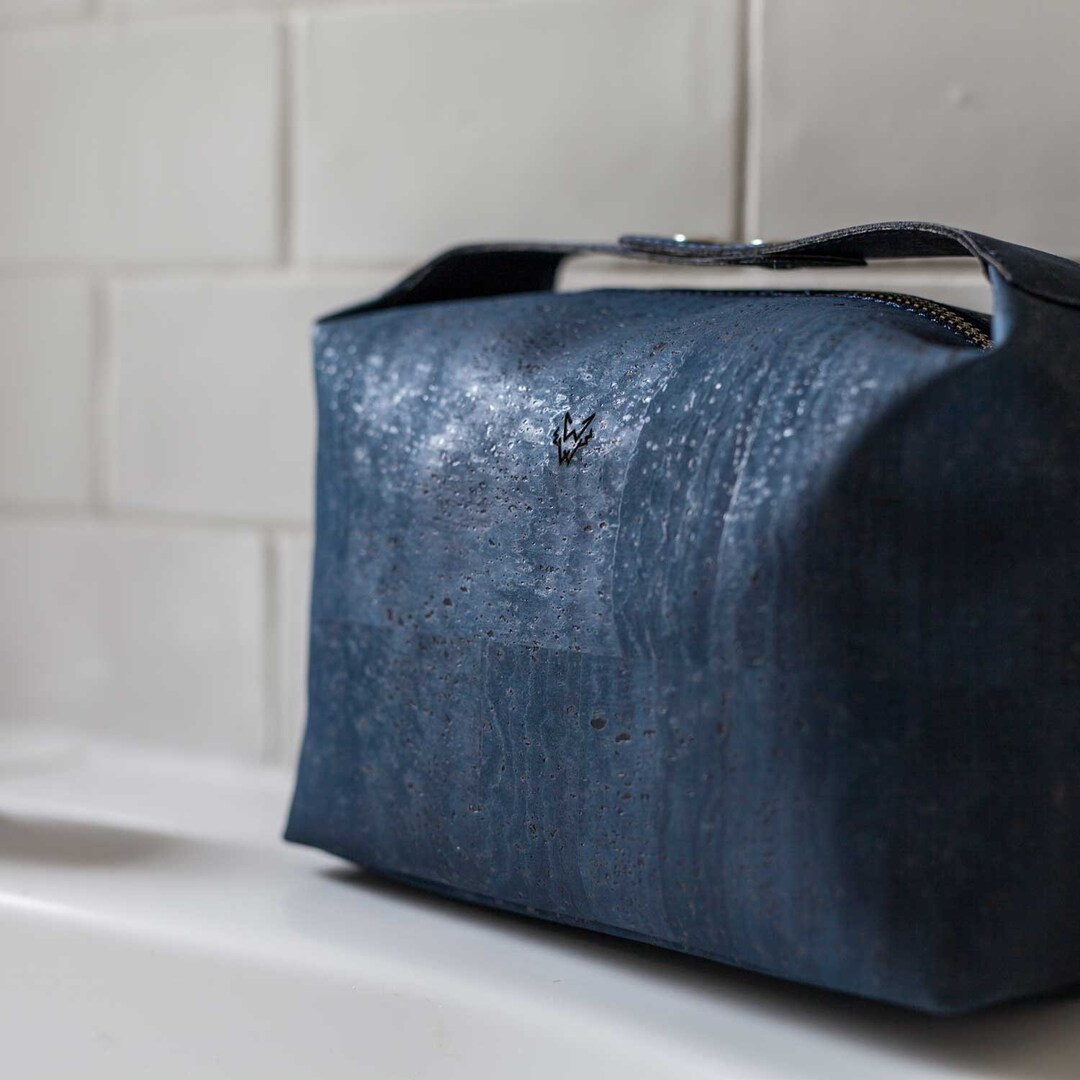 Cork Wash Bag in Blue, Water Resistant Washable Lining, Handmade Men's
