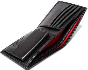 Luxe veganistische portemonnee met muntzakje in zwart en rood, gepersonaliseerde niet-lederen RFID-muntportemonnee, gepersonaliseerd verjaardagscadeau voor mannen