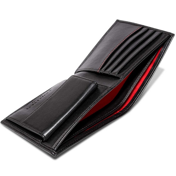 Portefeuille végétalien de luxe avec poche à monnaie en noir et rouge, porte-monnaie RFID non cuir personnalisé, cadeau d'anniversaire personnalisé pour homme