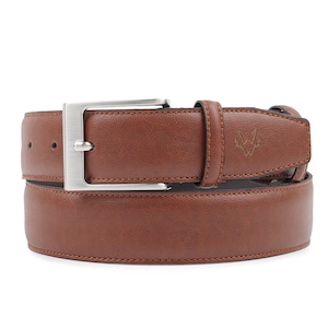 Cinturón de cuero vegano para hombre en marrón, cinturón casual Miller de 34 mm con hebilla plateada, libre de crueldad, cumpleaños, día del padre, regalo de Navidad para él