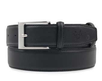 Mens Vegan Leather Belt in Black, Miller 34mm Casual Belt with Silver Buckle, Cruelty Free, Birthday, Fathers Day or Christmas Gift for Him