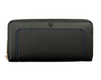 Wilton Large Zipped Women's Vegan Purse Wallet in Black & Cobalt Blue, Handmade Eco Friendly Womens Purse Wallet, Cruelty Free Materials