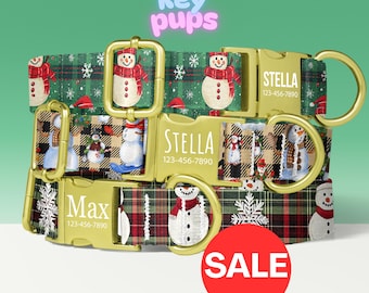 Plaid Snowman Dog Collar Leash Set with Free Personalized Engraved Pet Name, Green, Red, Christmas, Unisex, Small Medium Large - KP-93
