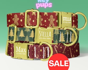 Golden Christmas Dog Collar Leash Set with Free Personalized Engraved Pet Name, Red, Green, Gingerbread, Unisex, Small Medium Large - KP-95
