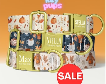 Cozy Fall Dog Collar Leash Set with Free Personalized Engraved Pet Name, Orange, Autumn, Fox, Pumpkin, Small Medium Large - KP-84