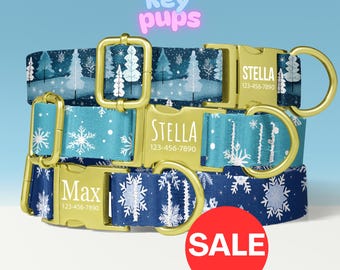 Winter Snow Dog Collar Leash Set with Free Personalized Engraved Pet Name, Turquoise, Blue, Teal, Unisex, Small Medium Large - KP-92