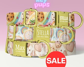 Rainbow Cookie Dog Collar Leash Set with Free Personalized Engraved Pet Name, Colorful, Hearts, Female, Small Medium Large - KP-98