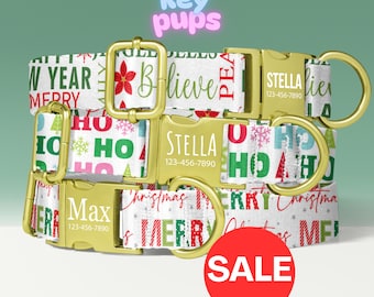 Merry Christmas Dog Collar, Personalized, Ho Ho Ho, Typography Theme, Custom, Adjustable, Metal Buckle, with LEASH - KP-107