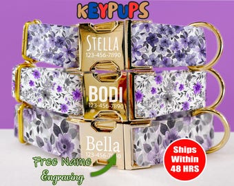 Purple Lilac Floral Custom Dog Collar Leash Set with Free Personalized Engraved Pet Name, Flower, Wedding, Female Small Medium Large - KP-80