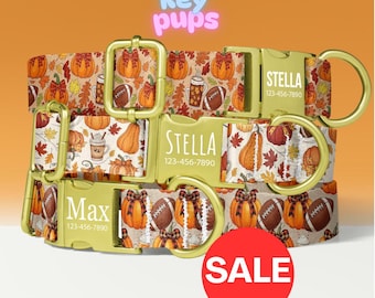 Fall Coquette Football Dog Collar Leash Set with Free Personalized Engraved Pet Name, Orange, Autumn, Female, Small Medium Large - KP-83