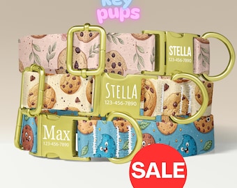 Cookie Dog Collar Leash Set with Free Personalized Engraved Pet Name, Pink, White, Blue, Chocolate Chip, Unisex, Small Medium Large - KP-97
