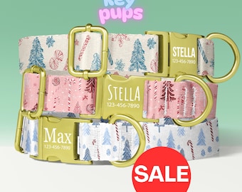 Christmas Candy Cane Dog Collar Leash Set with Free Personalized Engraved Pet Name, White, Pink, Blue, Female, Small Medium Large - KP-87